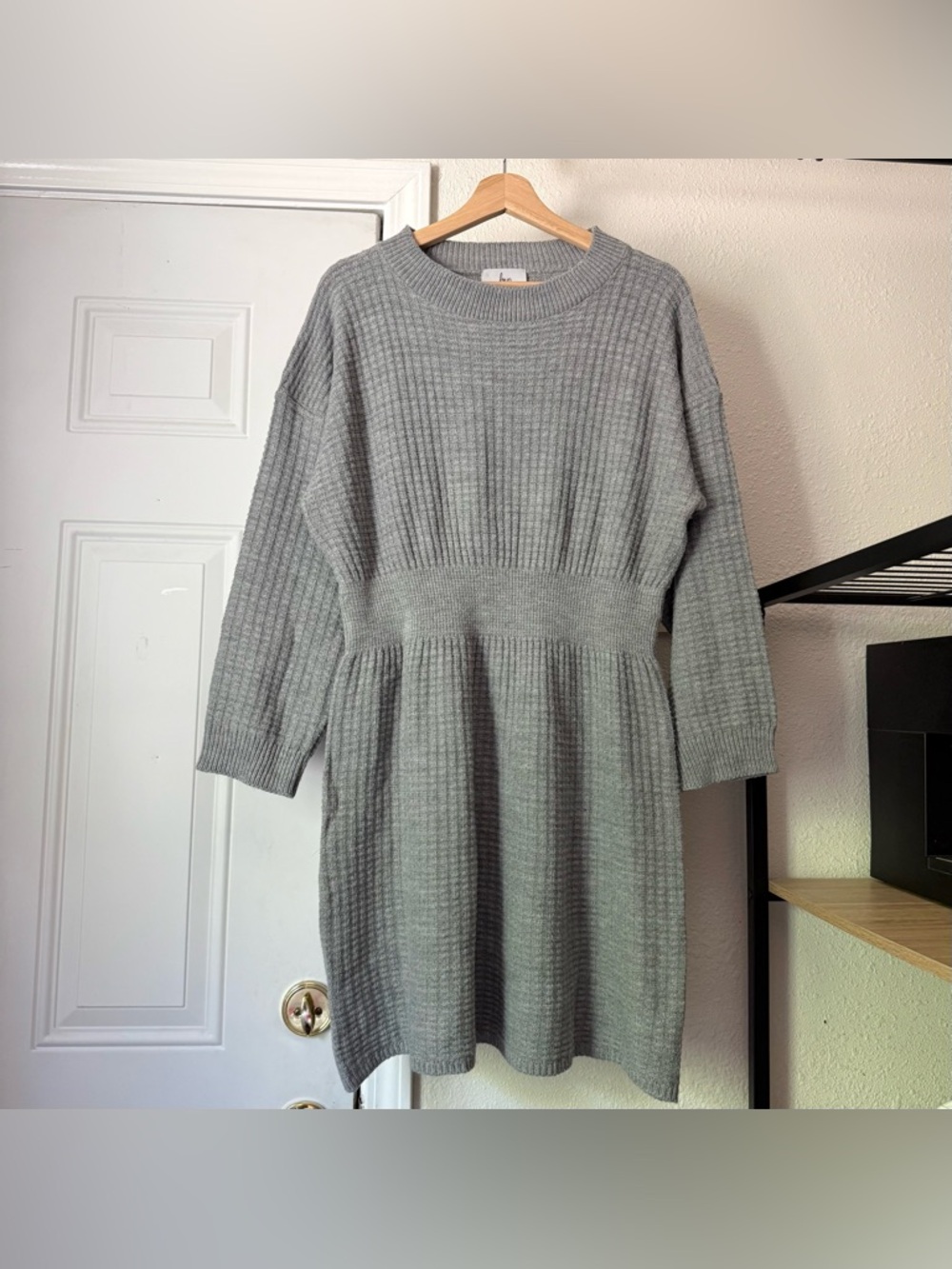 LOUP heather grey waffle thermal elastic waist long sleeve mini sweater dress
